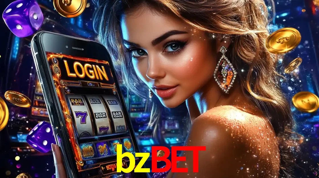 Mulher glamorosa segurando um smartphone com a tela de login para os jogos de caça-níqueis do cassino online bzbet, com moedas de ouro e dados ao redor.