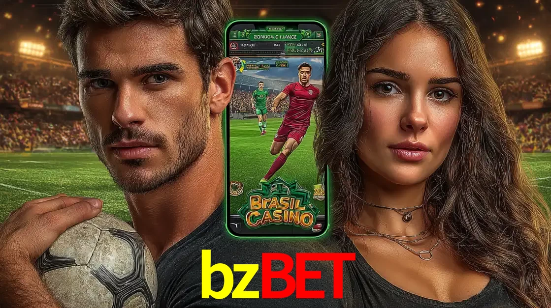 Homem segurando uma bola de futebol e uma mulher ao lado de um smartphone exibindo o jogo de apostas esportivas da bzbet. Faça seu palpite no cassino online.